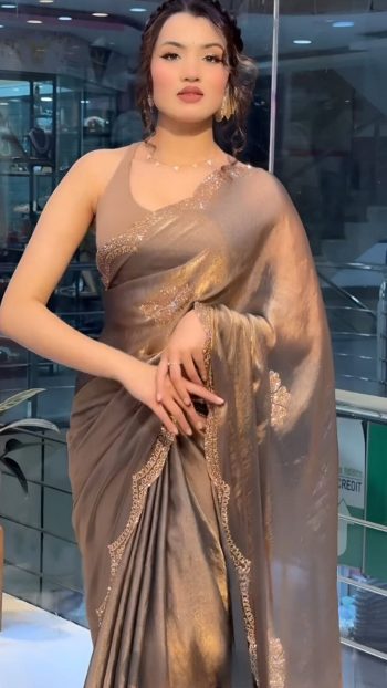 DESIGNER SOFT CHIFFON STONE WORK SAREE WITH UNSTITCHED BLOUSE GREY