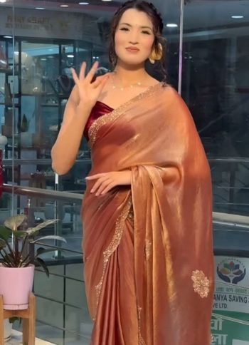 DESIGNER SOFT CHIFFON STONE WORK SAREE WITH UNSTITCHED BLOUSE PEACH