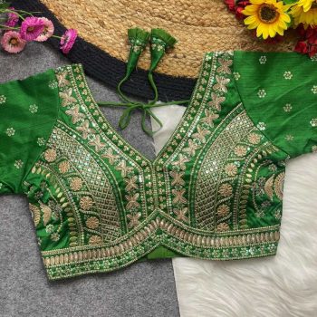 DESIGNER SOFT ITALIAN SILK CODING EMBROIDERY THREAD & SEQUENCE WORK STITCHED BLOUSE GREEN