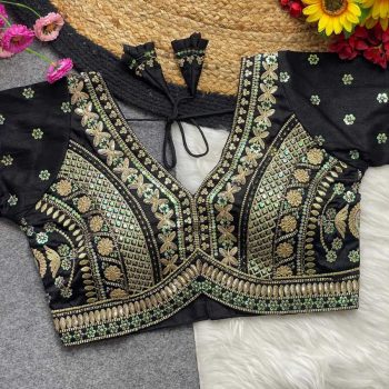 DESIGNER SOFT ITALIAN SILK CODING EMBROIDERY THREAD & SEQUENCE WORK STITCHED BLOUSE BLACK
