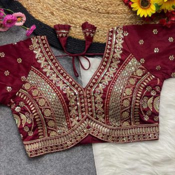 DESIGNER SOFT ITALIAN SILK CODING EMBROIDERY THREAD & SEQUENCE WORK STITCHED BLOUSE MAROON