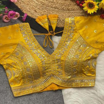 DESIGNER SOFT ITALIAN SILK CODING EMBROIDERY THREAD & SEQUENCE WORK STITCHED BLOUSE YELLOW
