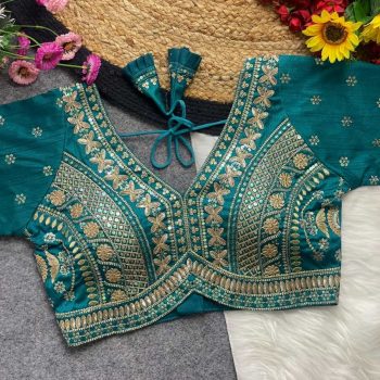 DESIGNER SOFT ITALIAN SILK CODING EMBROIDERY THREAD & SEQUENCE WORK STITCHED BLOUSE SKY