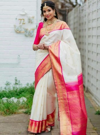 DESIGNER SOFT LICHI SILK JACQUARD WORK SAREE WITH UNSTITCHED BLOUSE WHITE