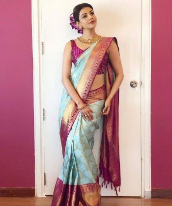 DESIGNER  SOFT LICHI SILK JACQUARD WORK SAREE WITH  UNSTITCHED BLOUSE SKY