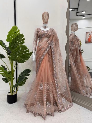 DESIGNER SOFT NET THREAD AND SEQUENCE WORK SAREE WITH UNSTITCHED BLOUSE PEACH