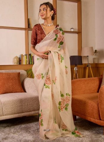 DESIGNER SOFT TABBY SILK FLORAL DIGITAL PRINTED HANDWORK SAREE WITH UNSTITCHED BLOUSE OFF WHITE