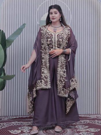 DESIGNER STAR GEORGETTE CODING SEQUENCE WORK BLOUSE PALAZZO WITH SHRUG PURPLE