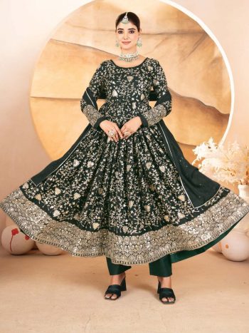 DESIGNER STAR GEORGETTE SEQUENCE AND MULTI THREAD EMBROIDERY WORK GOWN BOTTOM WITH DUPATTA  GREEN