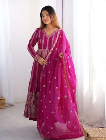 DESIGNER STAR GEORGETTE THREAD AND SEQUENCE WORK GOWN BOTTOM WITH DUPATTA PINK