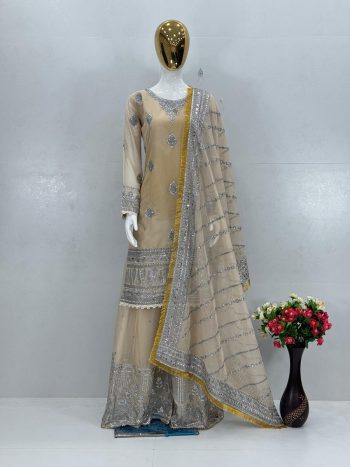 DESIGNER TABBY ORGANZA EMBROIDERY SEQUENCE WORK WITH HAND WORK TOP PALAZZO WITH DUPATTA CREAM