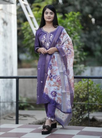 DESIGNER VICHITRA SILK CUT DANA HAND WORK AND EMBROIDERY WORK TOP BOTTOM WITH DUPATTA PURPLE