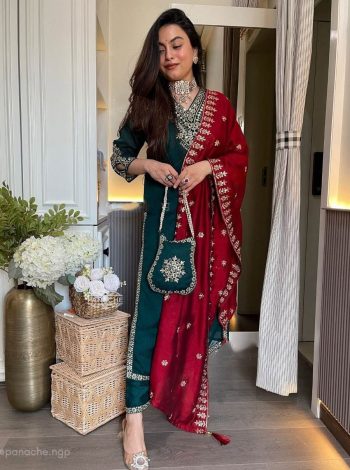 DESIGNER VICHITRA SILK EMBROIDERY AND SEQUENCE WORK TOP BOTTOM WITH DUPATTA GREEN