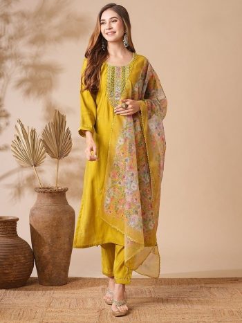 DESIGNER VISCOSE CHANDERI EMBROIDERY WORK TOP BOTTOM WITH DUPATTA YELLOW