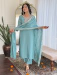 DESIGNER VISCOSE CHANDERI SEQUENCE EMBROIDERY WORK TOP BOTTOM WITH DUPATTA  SKY