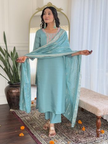 DESIGNER VISCOSE CHANDERI SEQUENCE EMBROIDERY WORK TOP BOTTOM WITH DUPATTA  SKY