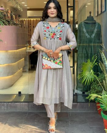DESIGNER VISCOSE CHINON SEQUENCE EMBROIDERY WORK TOP BOTTOM WITH DUPATTA GREY