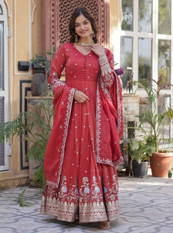 DESIGNER VISCOSE COSMOS FOIL EMBROIDERY ZARI SEQUENCE WORK GOWN WITH DUPATTA  GAJARI