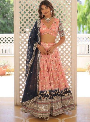 DESIGNER VISCOSE JACQUARD DYEING AND EMBROIDERY SEQUENCE WORK LEHENGA CHOLI WITH DUPATTA BABY PINK