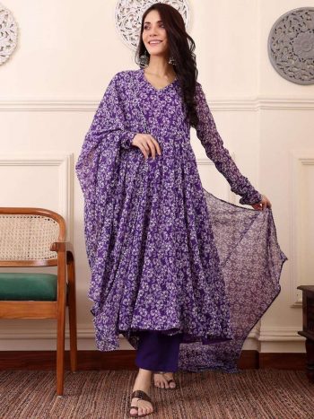 DESIGNER WEIGTHLESS DIGITAL PRINTED ANARKALI GOWN BOTTOM WITH DUPATTA PURPLE