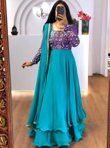 DESINGER CHINON EMBROIDERY THREAD WORK GOWN WITH DUPATTA  SKY