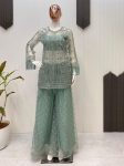 FANCY BUTTERFLY NET SEQUENCE EMBROIDERY WORK TOP BLOUSE WITH PALAZZO SEA GREEN