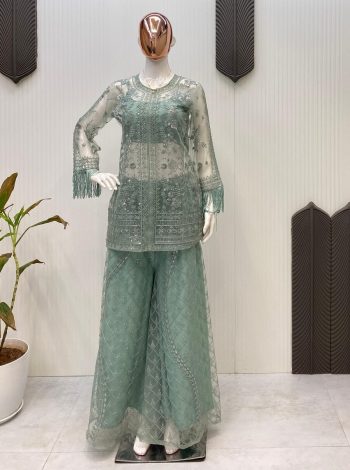 FANCY BUTTERFLY NET SEQUENCE EMBROIDERY WORK TOP BLOUSE WITH PALAZZO SEA GREEN