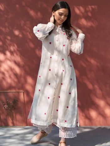 FANCY CAMBRIC COTTON THREAD EMBROIDERY WORK TOP BOTTOM SET WHITE
