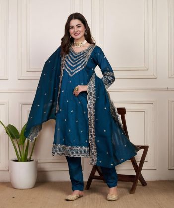 FANCY CHANDERI SILK EMBROIDERY SEQUENCE WORK TOP BOTTOM WITH DUPATTA TEAL