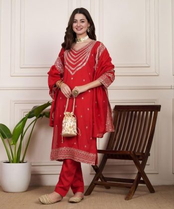 FANCY CHANDERI SILK EMBROIDERY SEQUENCE WORK TOP BOTTOM WITH DUPATTA  RED