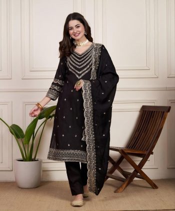 FANCY CHANDERI SILK EMBROIDERY SEQUENCE WORK TOP BOTTOM WITH DUPATTA BLACK