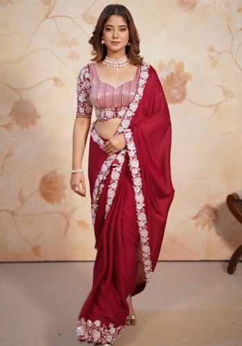 FANCY CHIFFON EMBROIDERY SEQUENCE WORK SAREE WITH UNSTITCHED BLOUSE RED