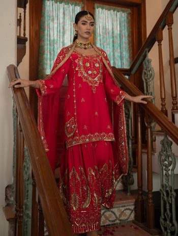 FANCY CHINION SILK EMBROIDERY WITH FANCY LACE BORDER WORK TOP SHARARA WITH DUPATTA RED