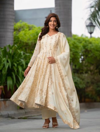 FANCY CHINNON SILK EMBROIDERY SEQUENCE WORK ANARKALI GOWN BOTTOM WITH DUPATTA OFF WHITE