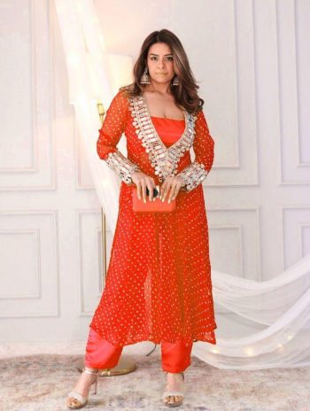 FANCY GEORGETTE CODED EMBROIDERY AND REAL MIRROR LACE WORK BLOUSE TOP WITH BOTTOM  ORANGE