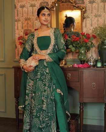 FANCY CHINON EMBROIDERY MIRROR WORK TOP TUBE TOP BOTTOM WITH DUPATTA GREEN