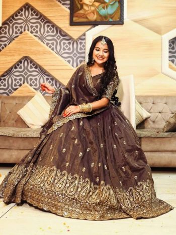 FANCY CHINON EMBROIDERY THREAD AND SEQUENCE WORK LEHENGA CHOLI WITH DUPATTA BROWN