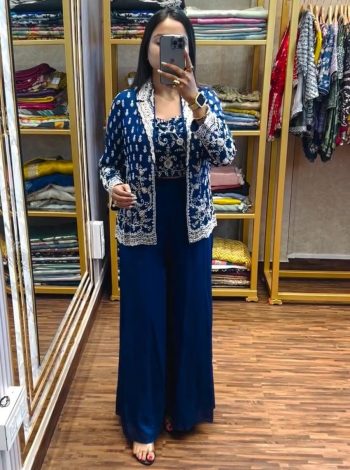 FANCY CHINON EMBROIDERY WORK BLOUSE KOTI WITH PALAZZO  BLUE