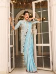 FANCY CHINON EMBROIDERY WORK READY TO WEAR SAREE WITH BANGLORY EMBROIDERY WORK STITCHED BLOUSE SKY