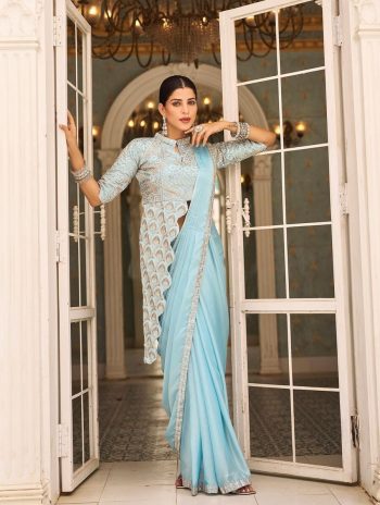 FANCY CHINON EMBROIDERY WORK READY TO WEAR SAREE WITH BANGLORY EMBROIDERY WORK STITCHED BLOUSE SKY