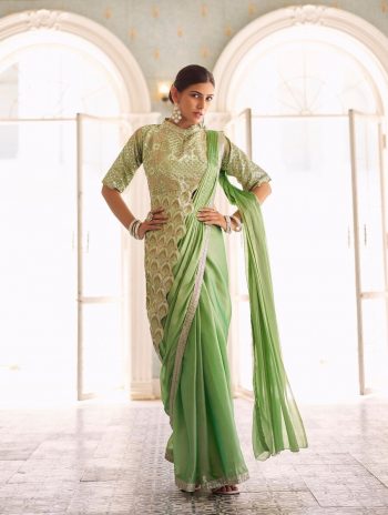 FANCY CHINON EMBROIDERY WORK READY TO WEAR SAREE WITH BANGLORY EMBROIDERY WORK STITCHED BLOUSE MINT