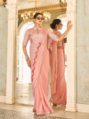 FANCY CHINON EMBROIDERY WORK READY TO WEAR SAREE WITH BANGLORY EMBROIDERY WORK STITCHED BLOUSE PEACH