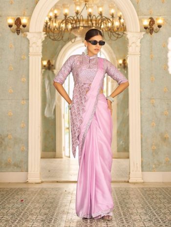 FANCY CHINON EMBROIDERY WORK READY TO WEAR SAREE WITH BANGLORY EMBROIDERY WORK STITCHED BLOUSE PINK