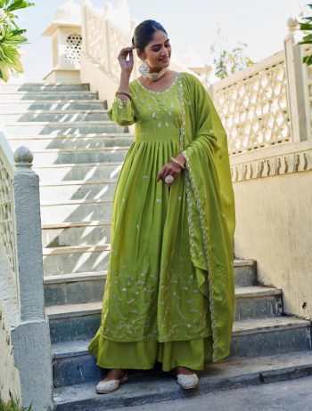 FANCY CHINON EMBROIDERY WORK TOP SHARARA WITH DUPATTA PARROT GREEN