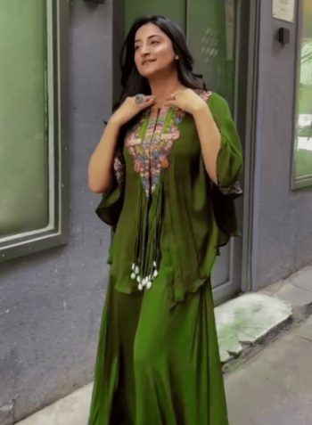 FANCY CHINON MULTICOLOR EMBROIDERY SEQUENCE WORK TOP WITH STITCHED BLOUSE AND PALAZZO MEHNDI