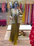 FANCY CHINON PLAIN DRAPED SKIRT EMBROIDERY WORK BLOUSE AND KOTI  MUSTARD