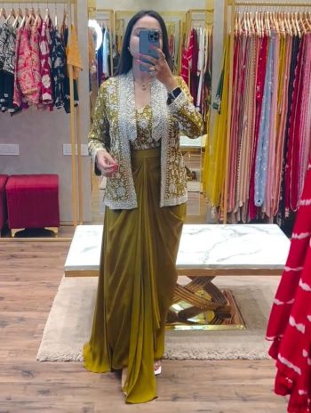 FANCY CHINON PLAIN DRAPED SKIRT EMBROIDERY WORK BLOUSE AND KOTI  MUSTARD