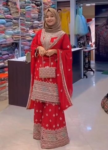 FANCY CHINON SEQUENCE EMBROIDERY WORK TOP PALAZZO WITH DUPATTA RED