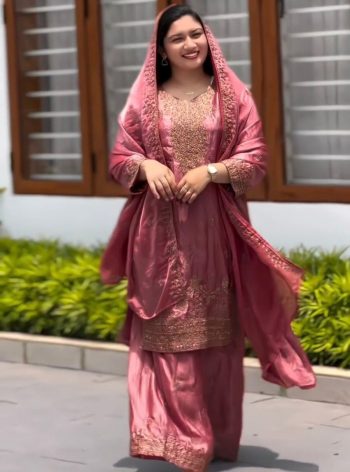 FANCY CHINON SILK EMBROIDERY AND SEQUENCE WORK TOP PALAZZO WITH DUPATTA PINK
