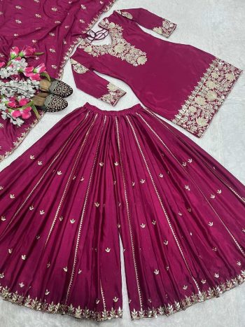 FANCY CHINON SILK EMBROIDERY SEQUENCE CODING WORK TOP PALAZZO WITH DUPATTA WINE